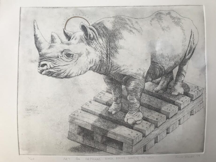 Art for Orphans: Black Rhino Waiting in Vain, Etching with Gold Pigment